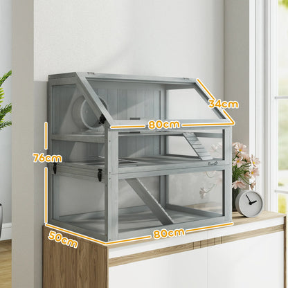 Wooden Hamster Cage 3 Story with Deep Base Removable Levels for Small Animals 80x50x76cm Light Gray