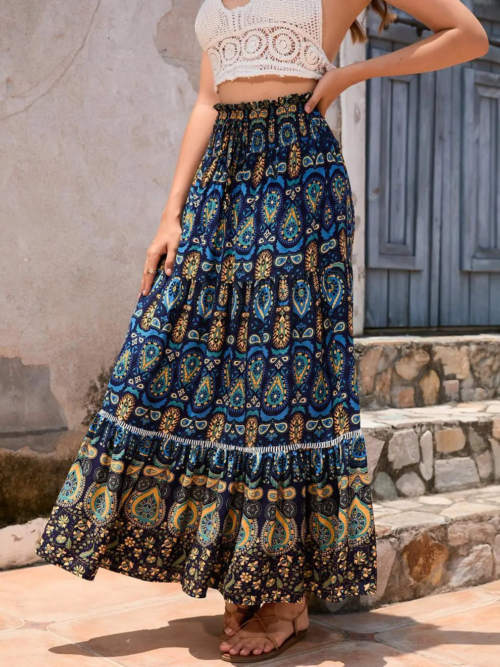 Women's Casual Temperament Skirt Women's Fashionable Bohemian Printed Elastic Waist Temperament Skirt Big Sway Temperament Skirt