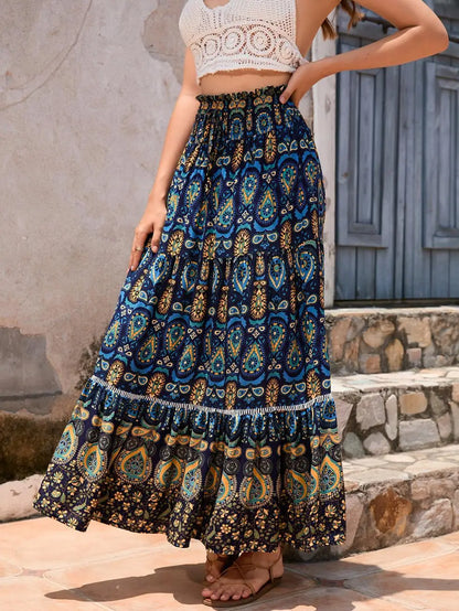 Women's Casual Temperament Skirt Women's Fashionable Bohemian Printed Elastic Waist Temperament Skirt Big Sway Temperament Skirt