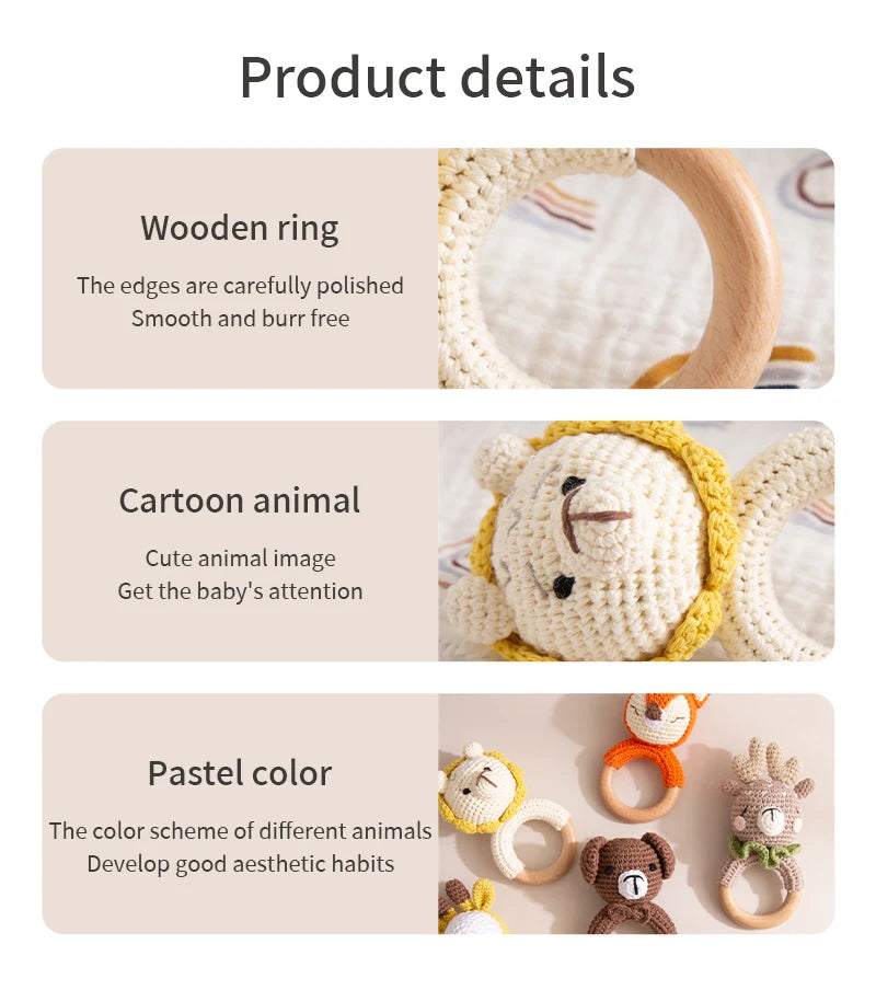1pc Baby Teether Music Rattles for Kids Animal Crochet Rattle Elephant Giraffe Ring Wooden Babies Gym Montessori Children's Toys