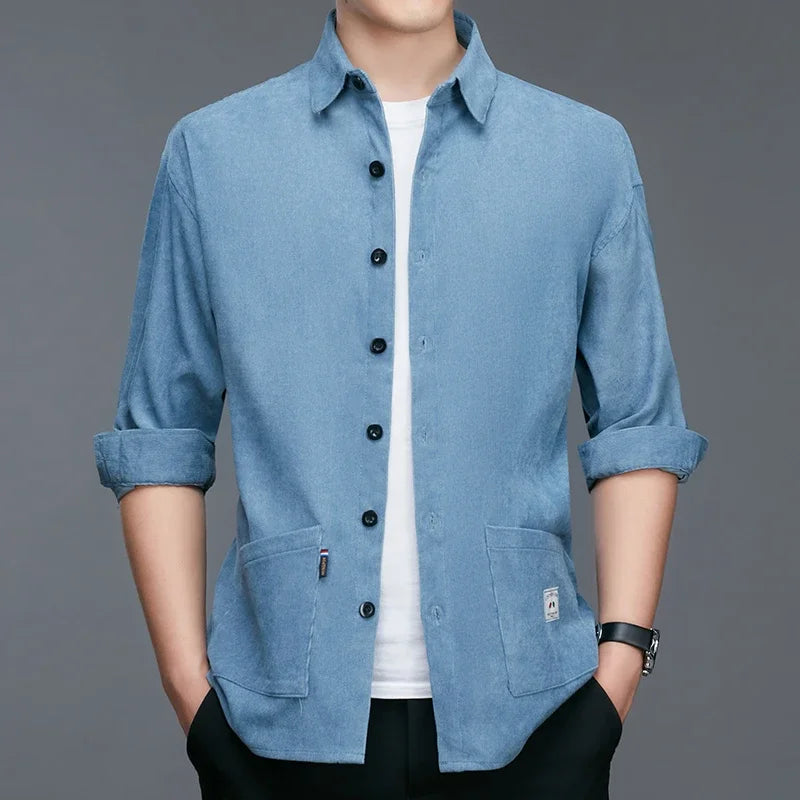 New Men Casual and Fashionable Long Sleeved Workwear Shirt Solid Color Comfortable and Breathable Versatile Top for All Seasons