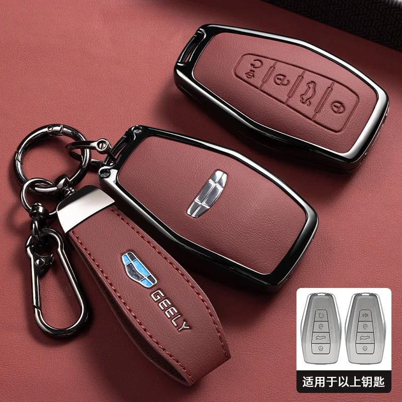 Car Zinc Alloy Leather Key Case Cover Holder Chain For Geely Okavango Coolray Atlas Monjaro Tugella Emgrand GT S Proton X50 X70