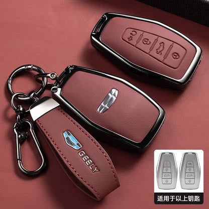 Car Zinc Alloy Leather Key Case Cover Holder Chain For Geely Okavango Coolray Atlas Monjaro Tugella Emgrand GT S Proton X50 X70