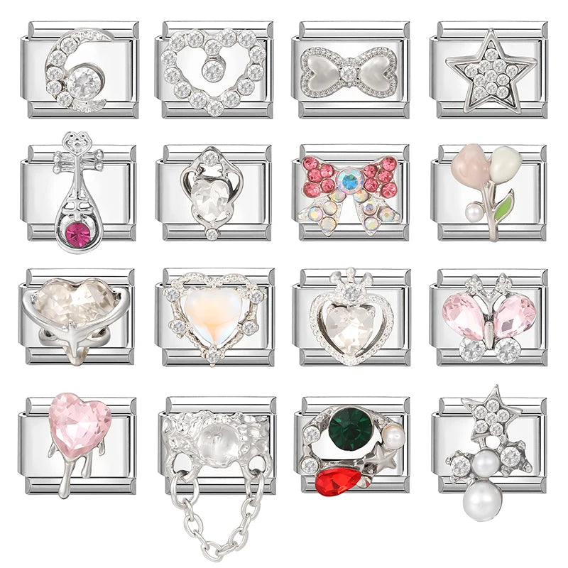Zircon Pearl Heart Bow Candy Flower Butterfly Italian Charm Links Fit 9mm Stainless Steel Bracelet Personalized DIY Making Gifts