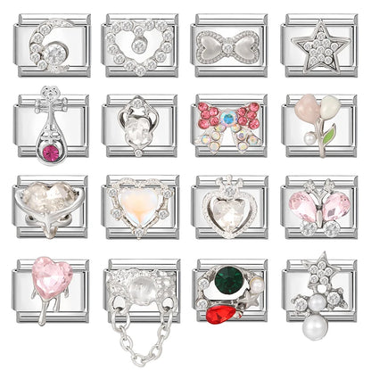 Zircon Pearl Heart Bow Candy Flower Butterfly Italian Charm Links Fit 9mm Stainless Steel Bracelet Personalized DIY Making Gifts