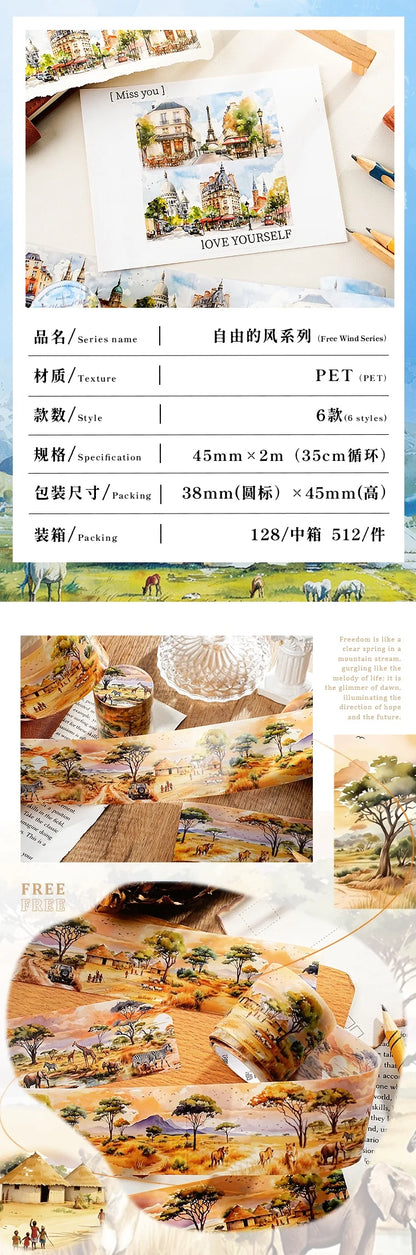 45mm * 2m Free Wind Series Retro Watercolor Landscape PET Stickers Creative Decor DIY Diary Scrapbook Collage Aesthetic Supplies