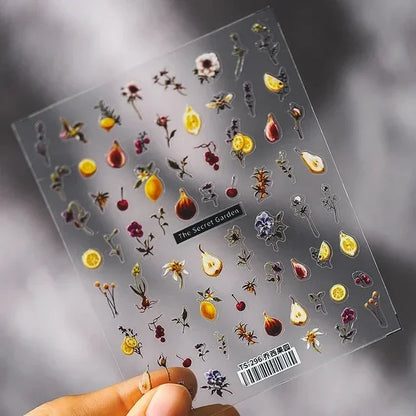 Fresh Sweet Fruits Strawberry Cherry Bowknot Love Heart Lemon 5D Nail Art Stickers Self Adhesive Decorations Nail Manicure Decal