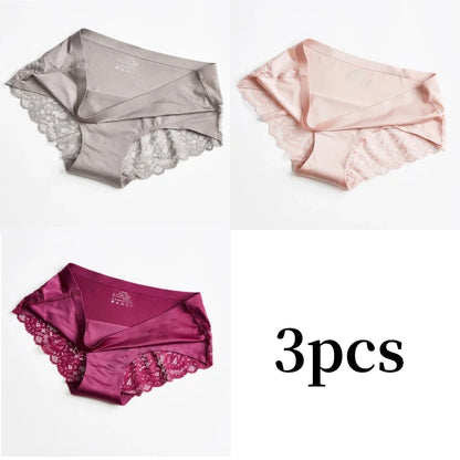 3pcs Lace Women's Panties French Seamless Underwear Female Ice Silk Briefs Solid Color Breathable Underpants Lingerie
