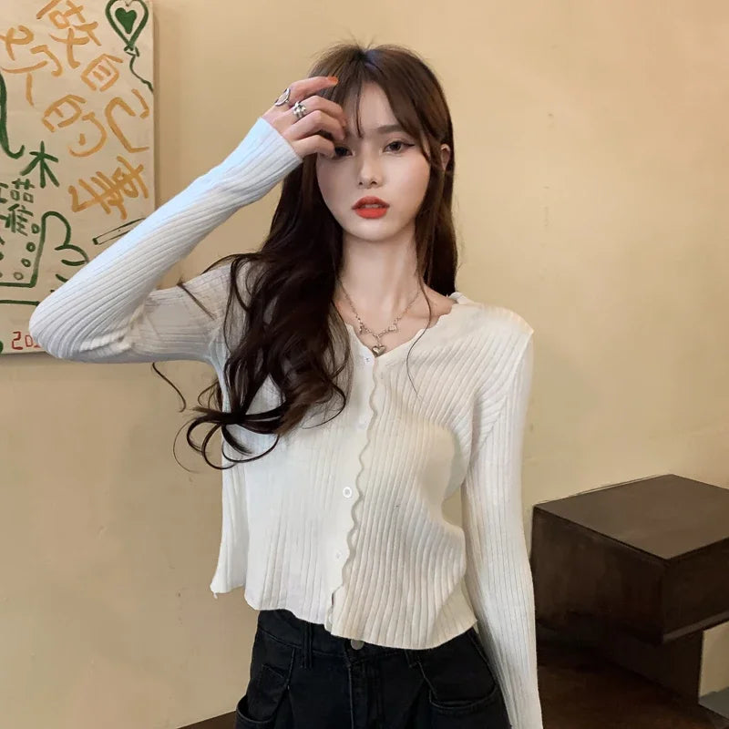 Women Ribbed Crew Neck Cardigan Sweater Pastel Pink Purple Long Sleeve Fitted Crop Knitted Jacket Spring Fall