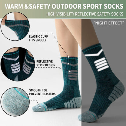 5 Pairs Merino Wool Hiking Reflective Socks Outdoor Night Men&Women Trail Running Cycling Trekking Moisture Wicking Cushion Crew Socks