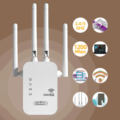 1200Mbps WiFi Repeater Signal Amplifier Dual Band 2.4G 5G WI-FI Signal Booster Long Range WIFI Network Extender for Home Office