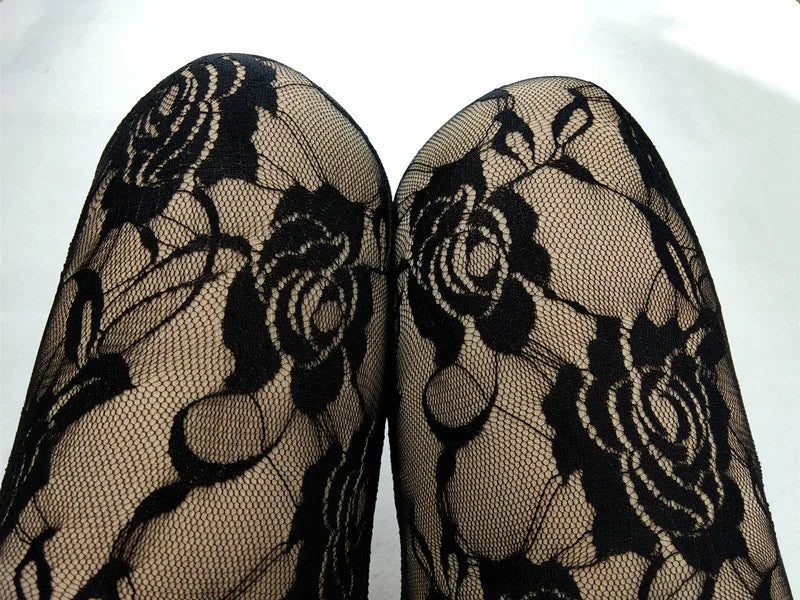 New Retro Sexy Net Yarn Lady Rose Lace Elegant Through Leggings Pants Footless Black White Women Summer Skinny Nine Pants