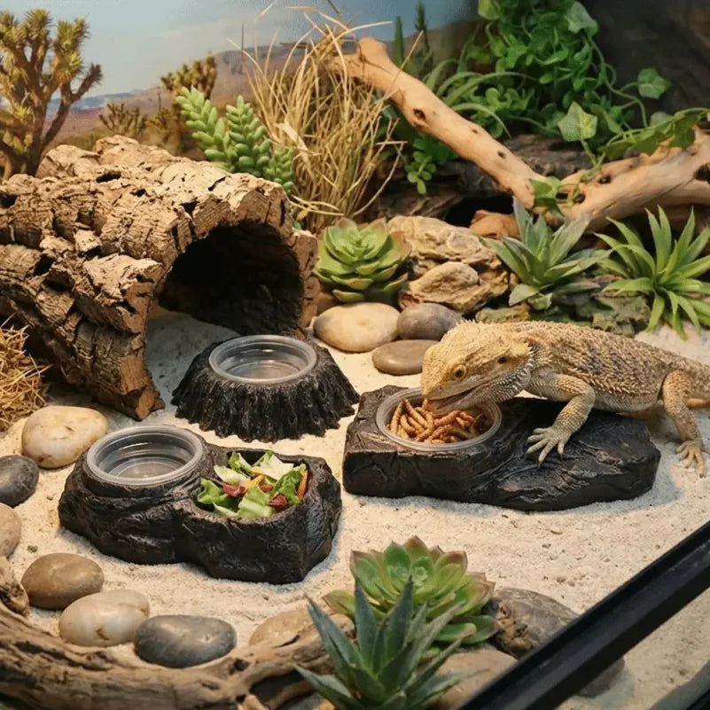 Imitation Stone Resin Rock Feeder Dish Wear Resistant Anti-knock Pet Feeder Ledge with Bowls Wide Mouth Reptile Food Bowl