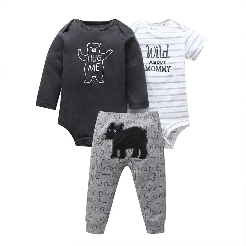 Lovely Baby Boy bodysuits 3Pcs/sets Long Sleeved Clothes PP Pant Cotton Infant Sporty Girl Short Sleeved Bodysuits