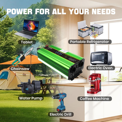 LVYUAN Pure Sine Wave Power Inverter 2000W 3000W 4000W DC 12V 24V to AC 230V LCD Remote Control 2 EU Sockets USB Home RV Solar