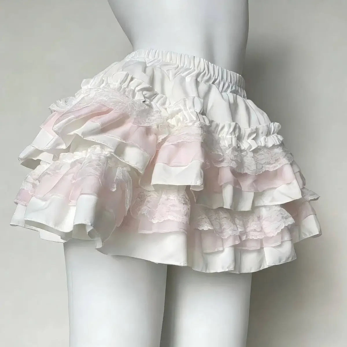 Lolita Tiered Ruffle Mini Skirt with Lace Trim Kawaii Cake Skirt Women Sweet Pink Skort Coquette Fairycore Soft Girls Cute Y2K