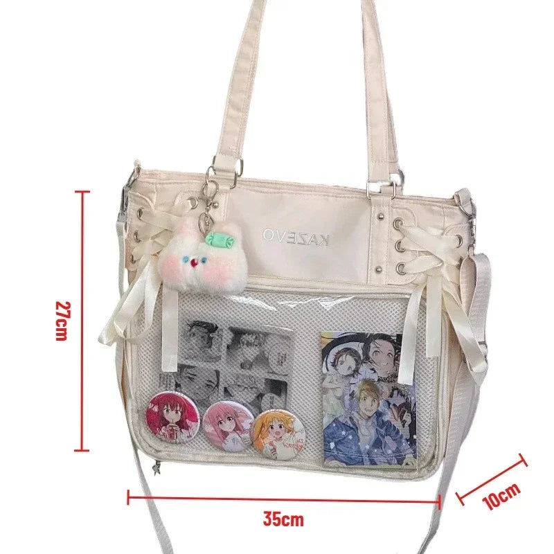 College Style Crossbody Bag with Ribbon Large Capacity for Class Book Carrying Mailman Bag Girls Bow JK Shoulder Ita Bag Handbag