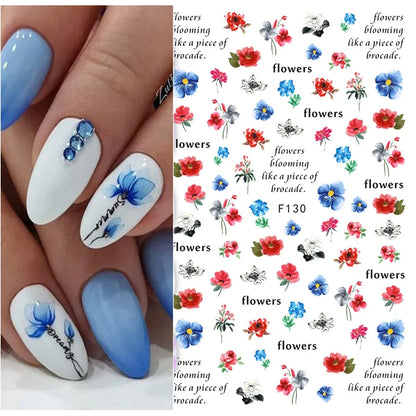 3d Nail Art Decals Watercolor Florals Purple Green Pink Flowers Leafs Fruit Adhesive Sliders Nail Stickers For Manicure