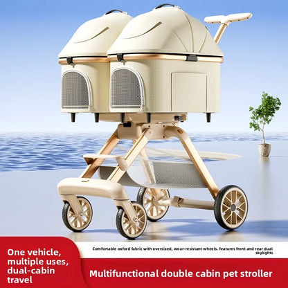Twin Pet Cart Double Cabin Walking Pet Artifact Cat and Dog Outdoor Small and Medium Lightweight Foldable Double Layer Cart