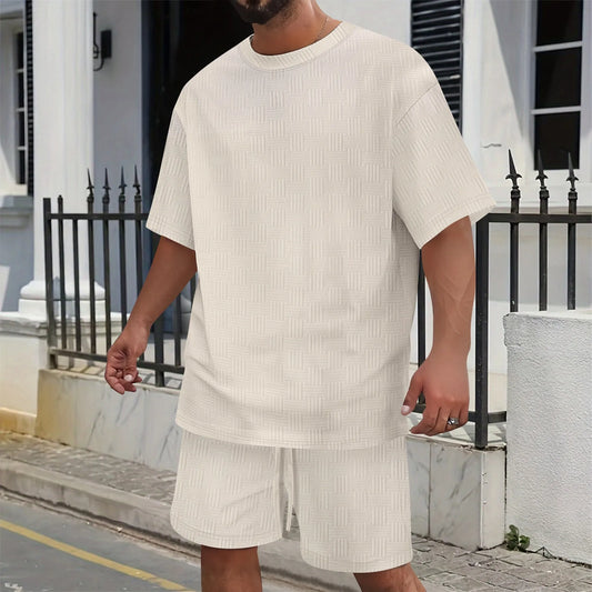 2025 summer new men's suit leisure solid color jacquard round neck fashion all-match short-sleeved T-shirt drawstring shorts set