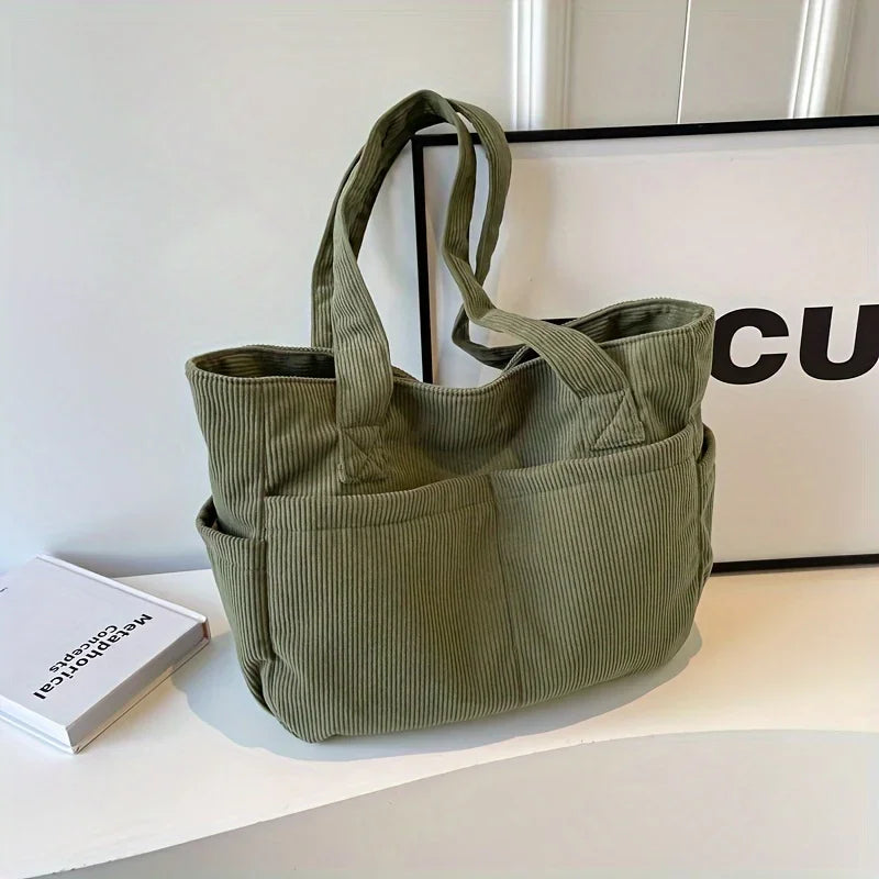 Large Capacity Women's Corduroy Tote Bag Casual Striped Shoulder Bag with Fixed Straps Zipper Handbag for Daily Commuting