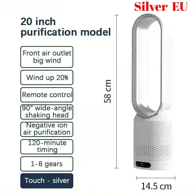 Smart Bladeless Fan with Remote Control 8 Wind Speeds Intelligent Timing 90° Oscillation Quiet Air Cooler for Home Bedroom