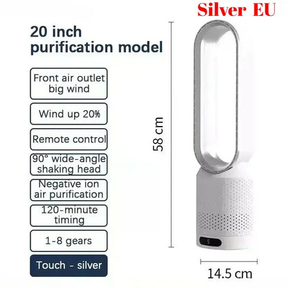 Smart Bladeless Fan with Remote Control 8 Wind Speeds Intelligent Timing 90° Oscillation Quiet Air Cooler for Home Bedroom