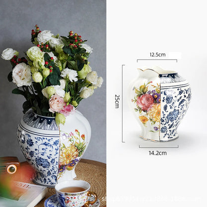 Splicing Light Luxury Antique Style Ceramic Vase Creative European Vintage Flower Vase Arrangement Living Room Desktop Ornaments