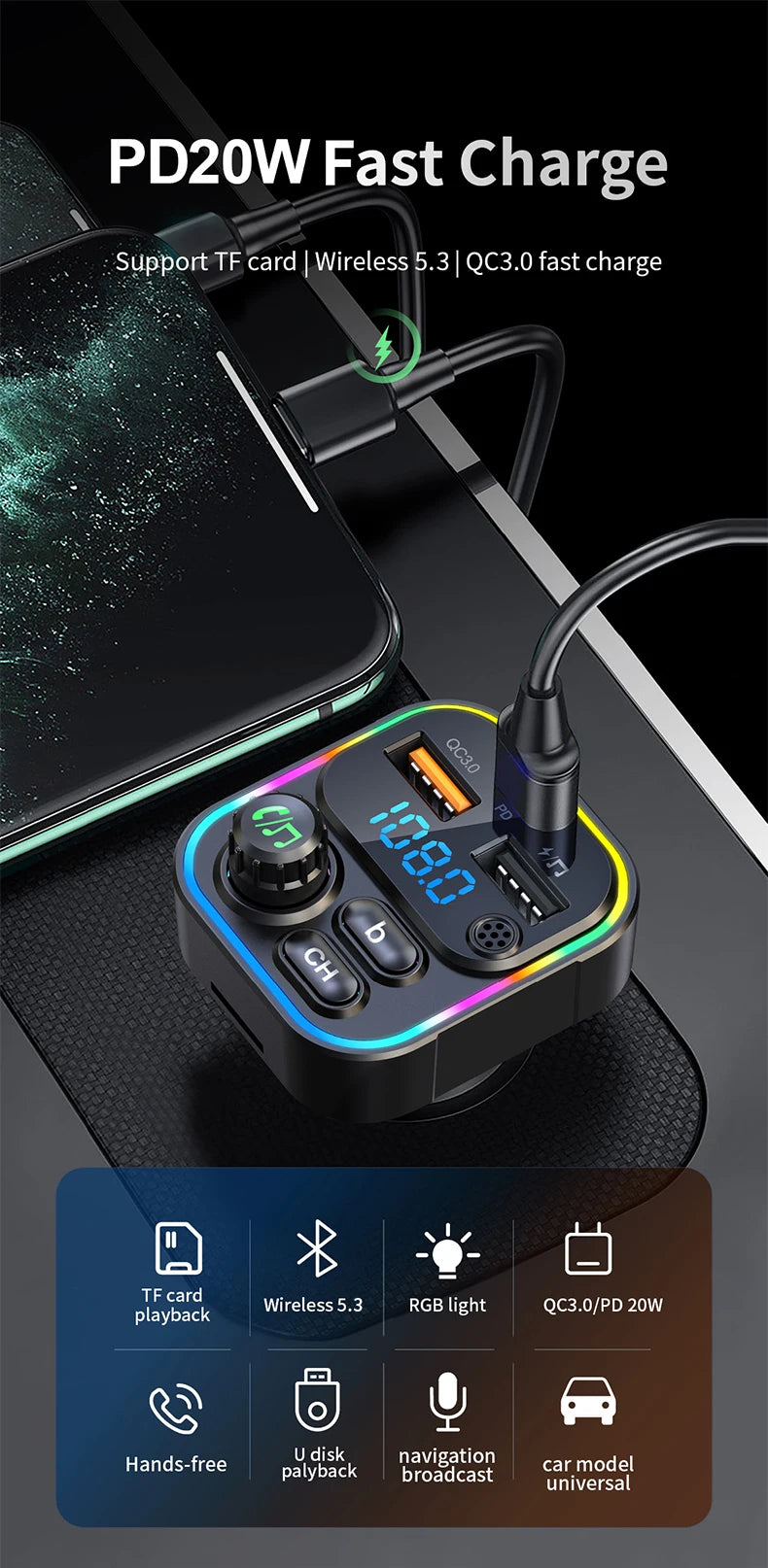 FM Transmitter Bluetooth 5.3 Handsfree Car AUX Radio Modulator MP3 Player with PD20W QC3.0 Fast Charge Adapter Car Accessories