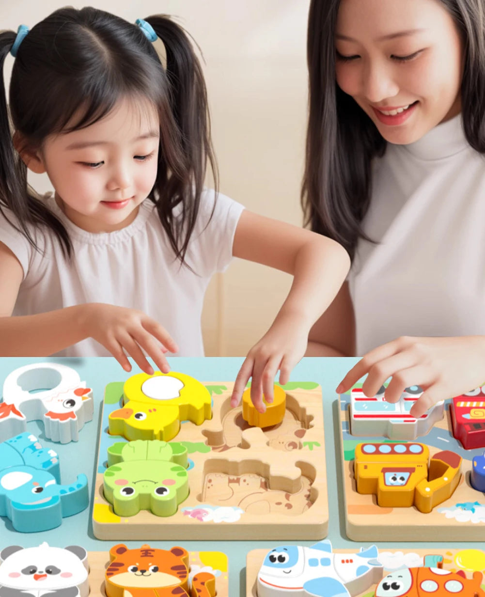 4-in-1 Wooden Toys 3D Wood Puzzle Cartoon Animals Cognitive Jigsaw Puzzle Early Learning Educational Toys For Children Gift