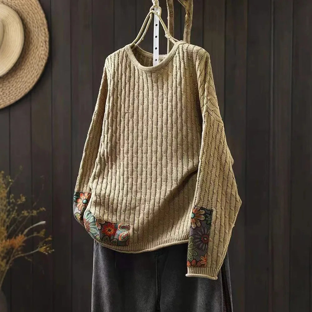 Winter Fall Fashion Vintage Sweater Women's O-neck Loose Casual Lazy-style Casual Pullover Tops Flower Print Patchwork Knitwear