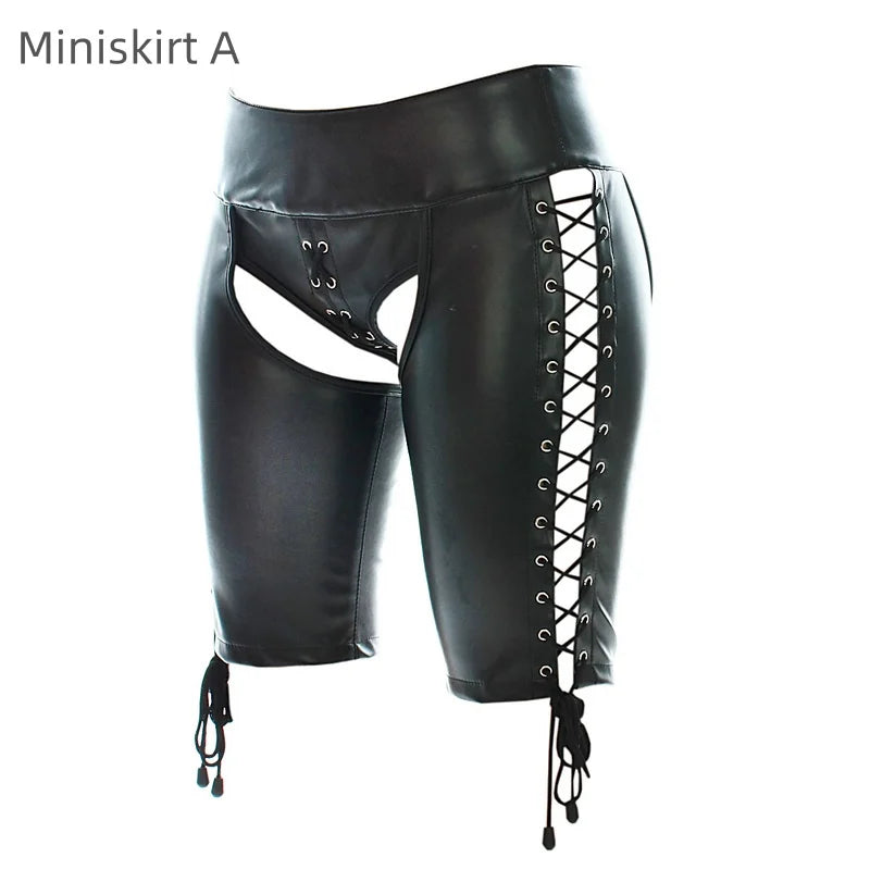 Sexy Leather Belted Shorts with Fetish Slave Bondage Hip Revealing Miniskirt for Women BDSM Role Play Night Club Costumes