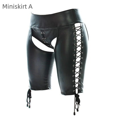 Sexy Leather Belted Shorts with Fetish Slave Bondage Hip Revealing Miniskirt for Women BDSM Role Play Night Club Costumes