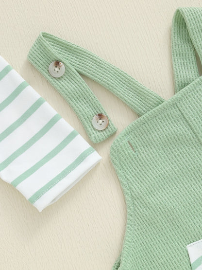 Newborn Baby Boy Fall Winter Clothes Striped Long Sleeve Romper Overall Pants Hat 3Pcs Set Cute Coming Home Outfit