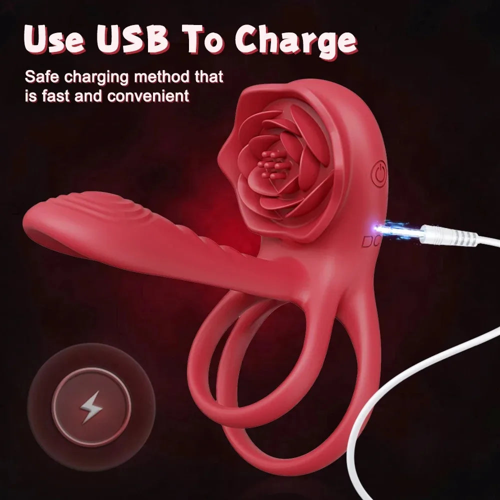 Male Penisring Delay Ejaculation Rose Lock Ring Vibrator G Spot Nipple Clitoral Stimulator for Women Sex Toys for Couple 18+