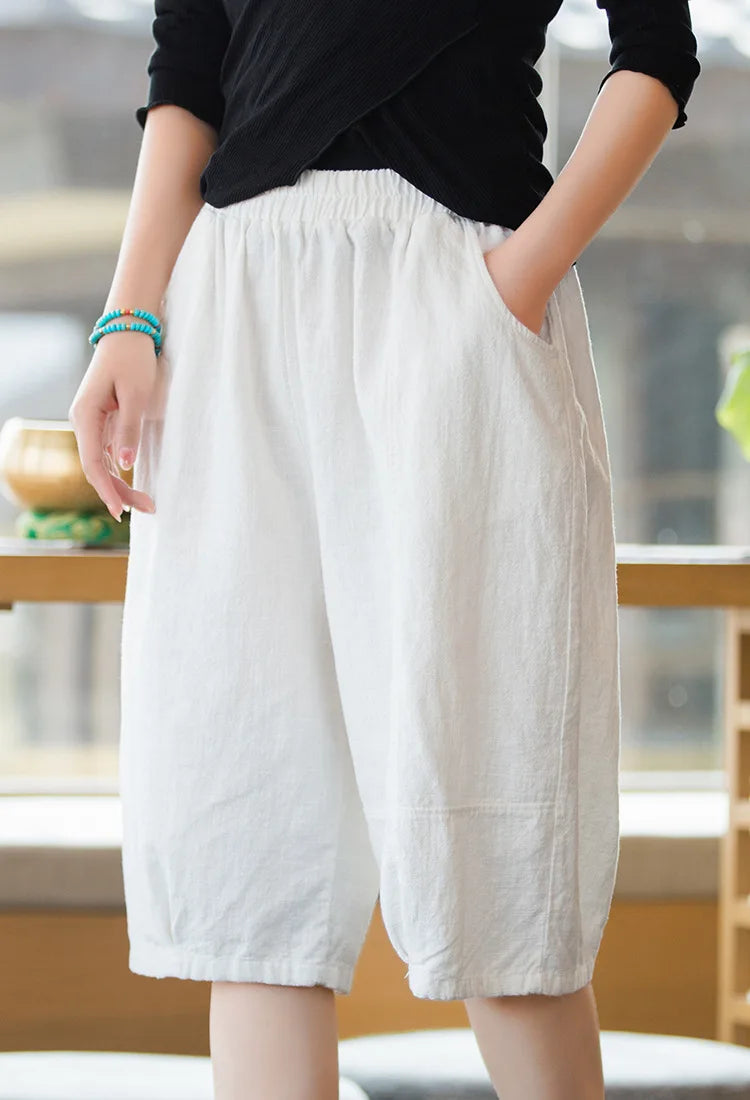Johnature Women Solid Color Linen Casual Shorts 2025 Summer New Elastic Waist Striped Shorts