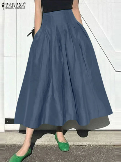 ZANZEA Fashion Holiday Faldas Mujer Casual Women Solid Color High Waist Jupe Femmes Elegant Commute Pleated Front Midi Skirts