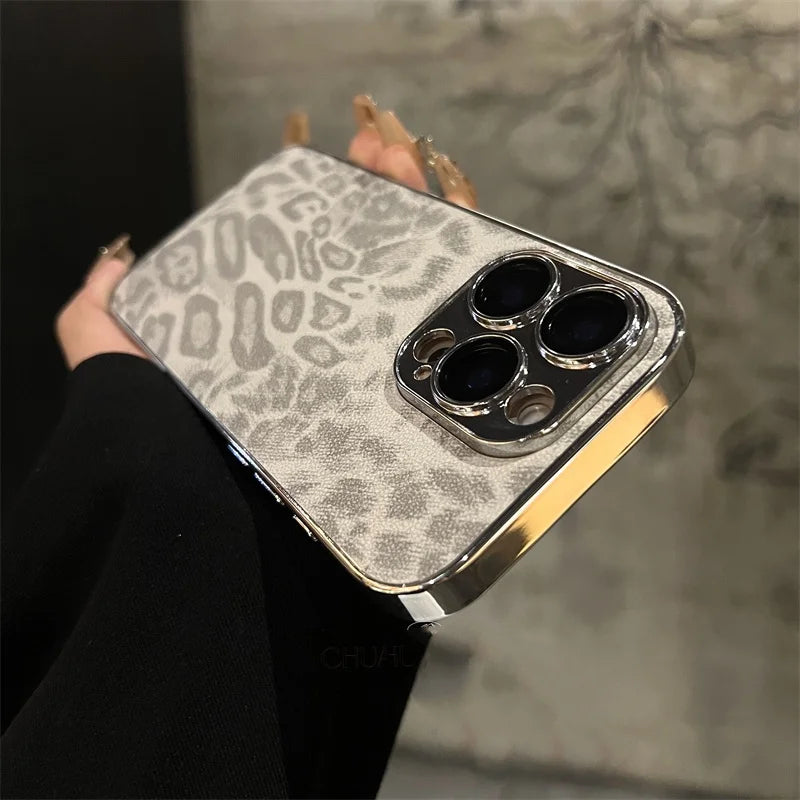 Luxury Plating Leopard Texture Leather Case For iPhone 17 16 15 14 Plus 13 12 11 Pro Max Lens Protection Shockproof  Cover Capa