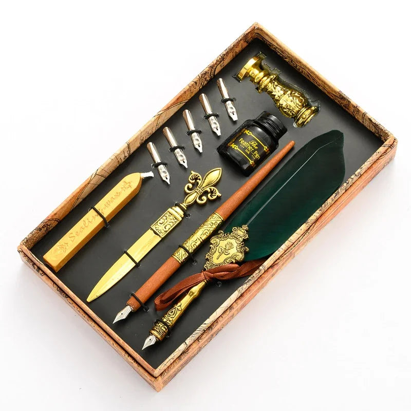 Sprinkling Gold Vintage Feather Pen Set Luxury Fountain Pen Ink Bottle Calligraphy Writing Dip Pen Nib Quill Birthday Gift Box