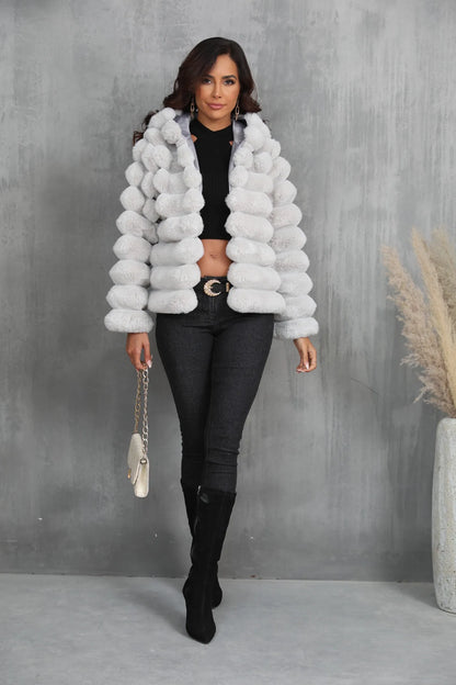 2026 Faux Fur Women Coats Hooded Full Sleeve Short Coat Zipper Thick Warm Solid Temperament Elegant Splice Autumn Winter