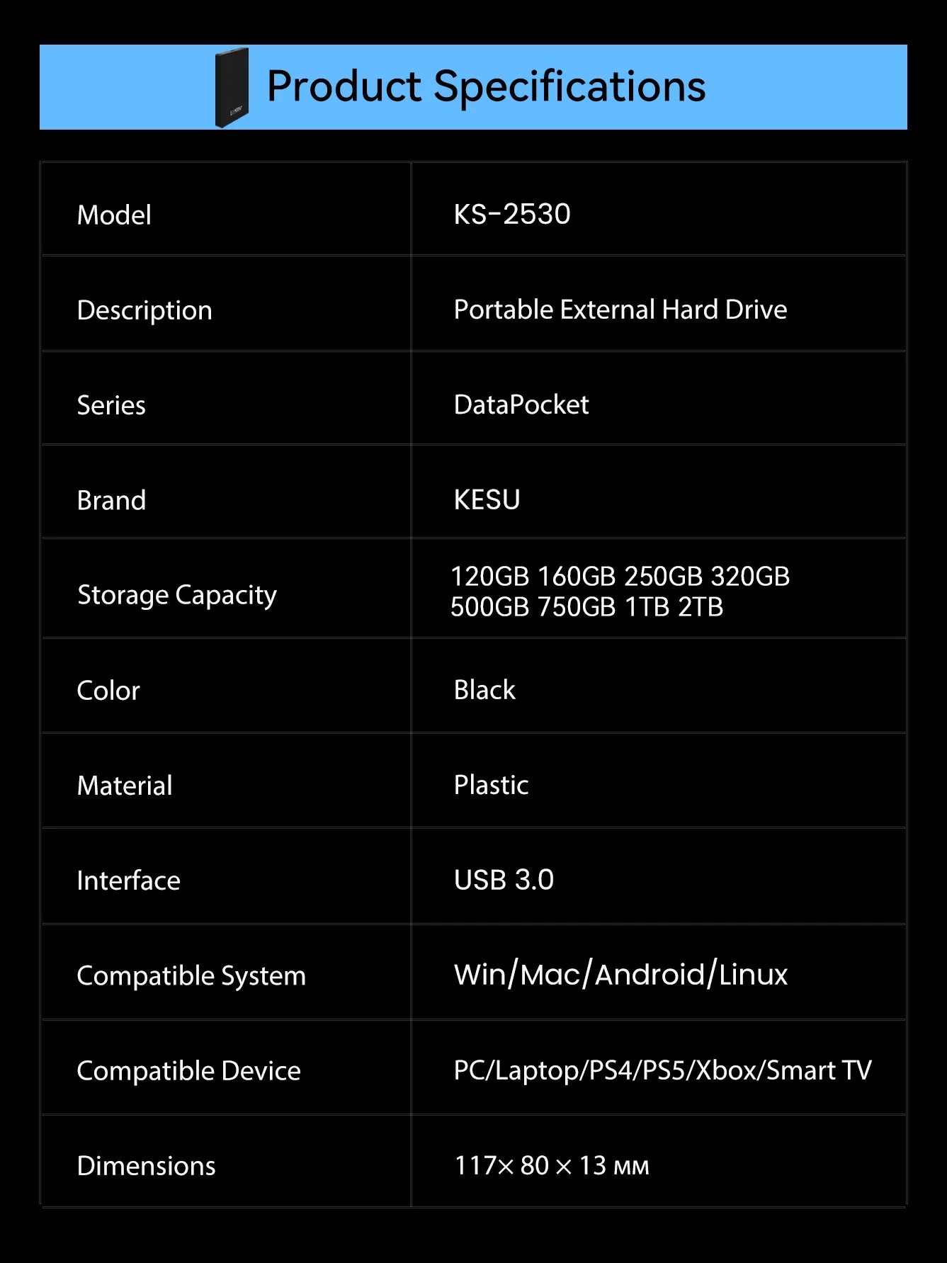 KESU HDD 2.5" Portable External Hard Drive 2TB/1TB/500GB/750GB USB3.0 Disk Memory for PC Tablets PS4 Notebook Desktop Computer