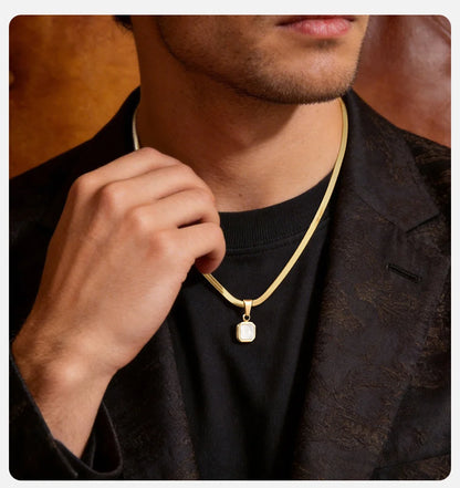 Vnox Geometric Square Natural Stone Pendant Necklace for Men, Gold Silver Color Stainless Steel Blade Chain, Trendy Jewelry Gift