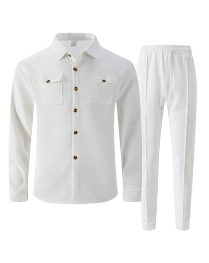 New autumn style waffle long-sleeved solid-color double-pocket buttoned cardigan shirt and pants set