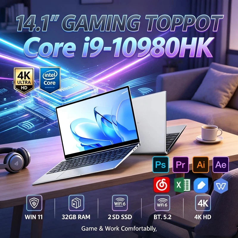14.1" Ultra Slim Portable Laptop Intel Core I9-10980HK Win11 Pro 16GB RAM 2TB SSD FHD WiFi6 BT5.2 Gaming Office Student Notebook