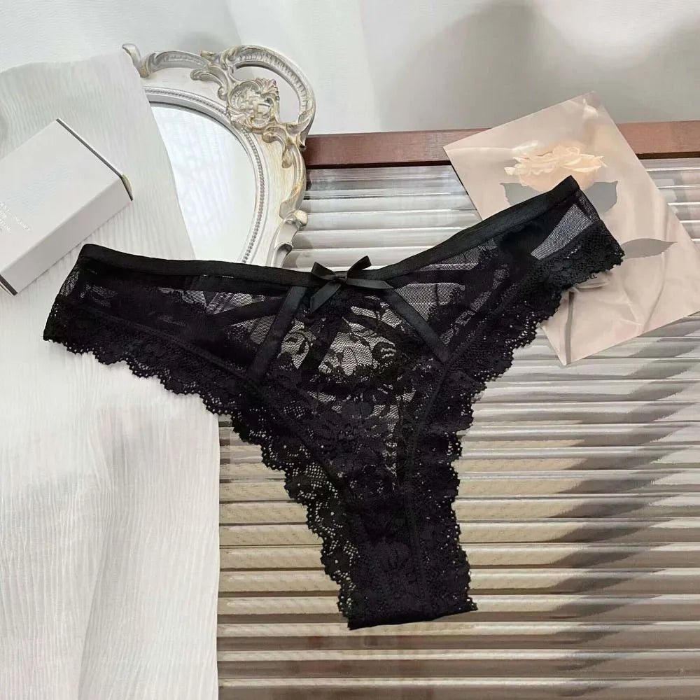 Breathable Patchwork Mesh Floral Bowknot Panties Ruffle Thong Lace Flower Transparent Briefs Low Waist Hollow Out Lady