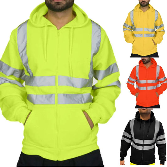 Men Reflective Strip Hoodies Casual Fit Work Safety Jackets Autumn Thin Fleece Hooded Zipper Sweatshirt Coats Workwear For Men