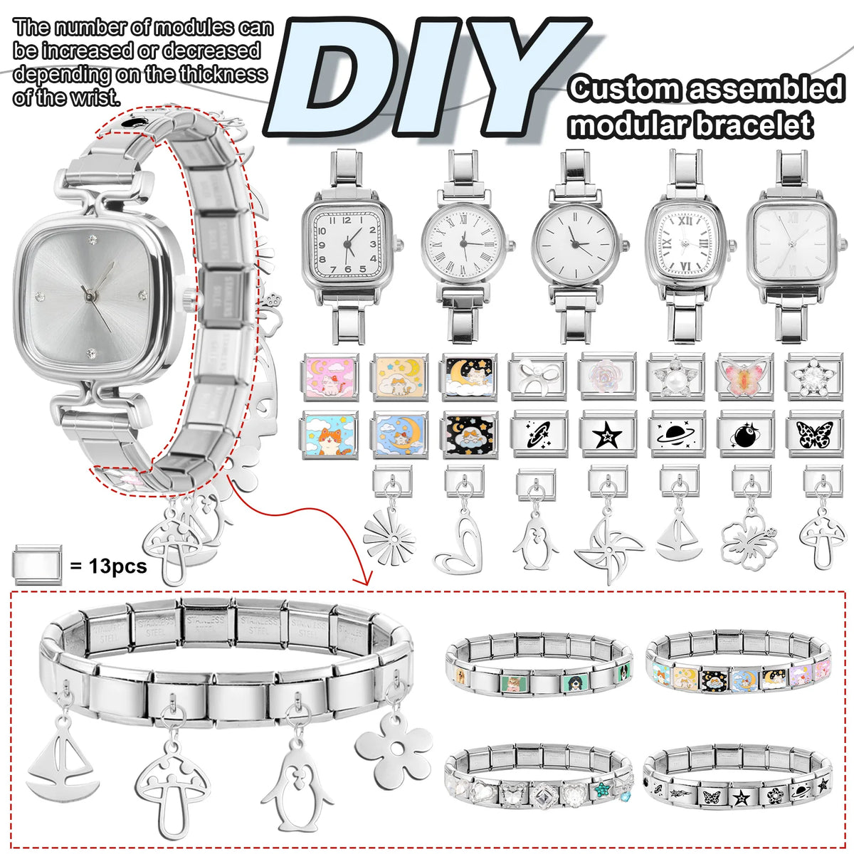 Fashion High Quality Men Women's Stainless Steel Square Round Shiny Zircon Watch Bracelet For Friend Birthday DIY Jewelry Gift