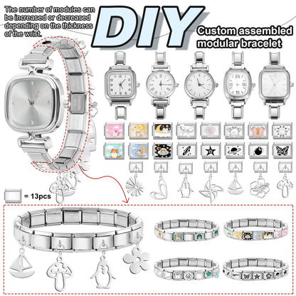 Fashion High Quality Men Women's Stainless Steel Square Round Shiny Zircon Watch Bracelet For Friend Birthday DIY Jewelry Gift