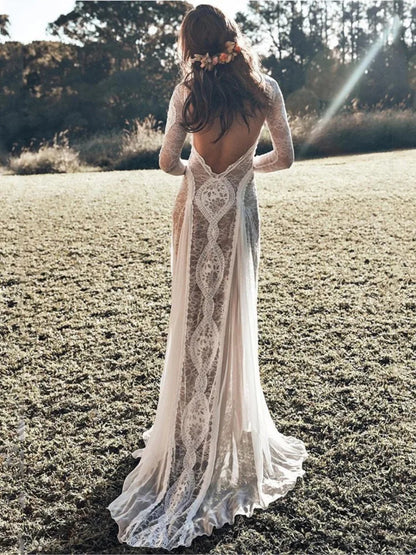 Foreign Style Evening Dress Woman's Sexy Lace Patchwork Backless Wedding Dresses Ladies Elegant Long Sleeves Party Prom Vestidos
