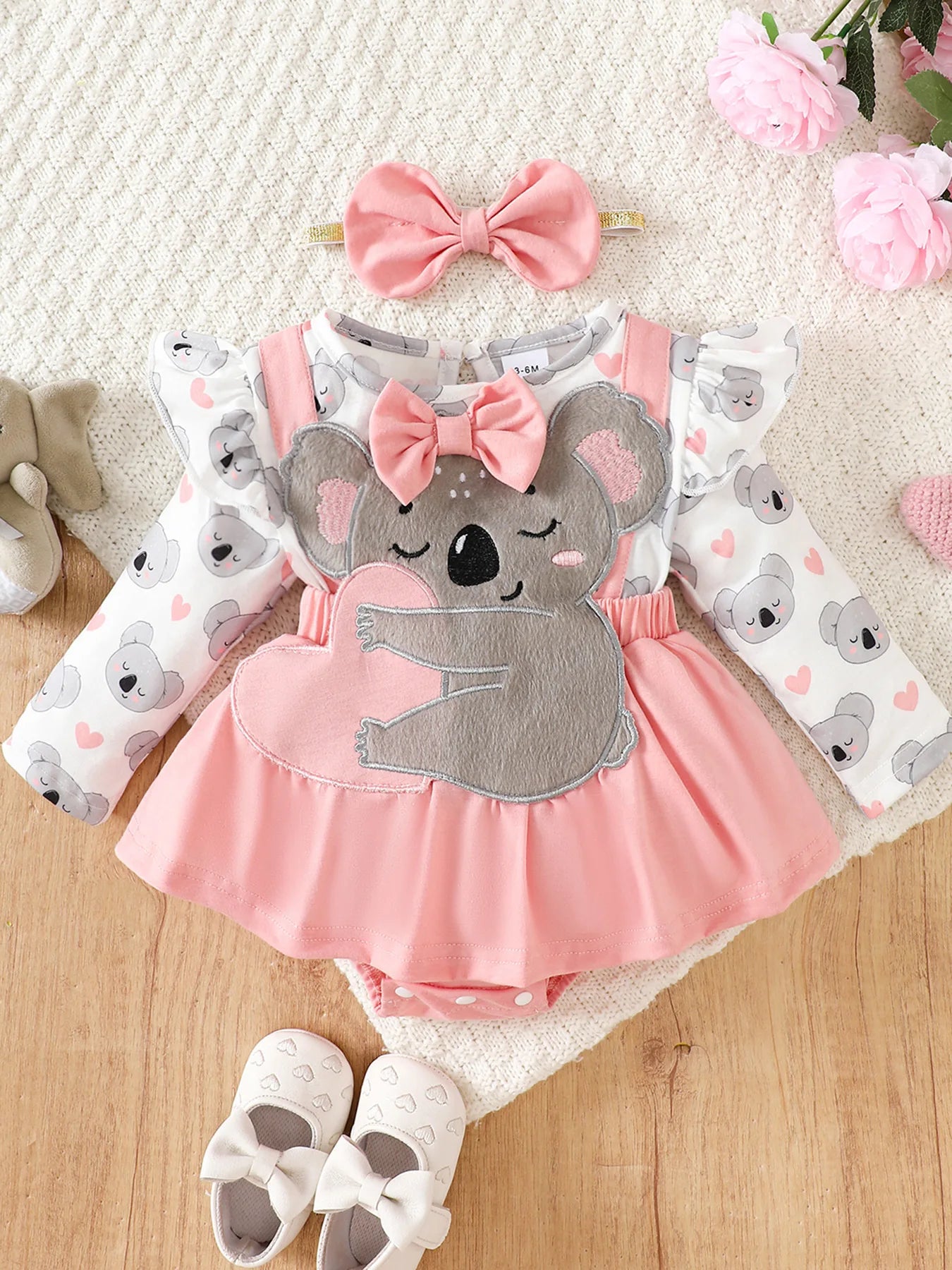 3D Koala Cute One-Piece Tulle Dress + Bow Headband, Pink and Gray, Fresh and Adorable, Perfect for Cute Photos, Princess Outfit